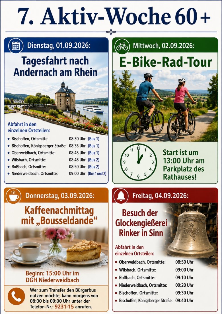 Plakat mit Nennung der Abfahrtszeiten und Startzeiten der Veranstaltungen