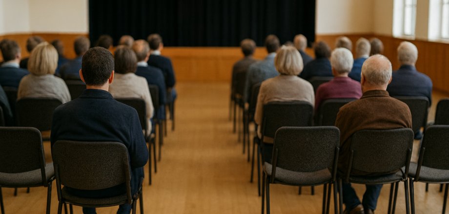 Bürgerversammlung Stuhlreihen in einem Saal, die teilweise von Personen besetzt sind