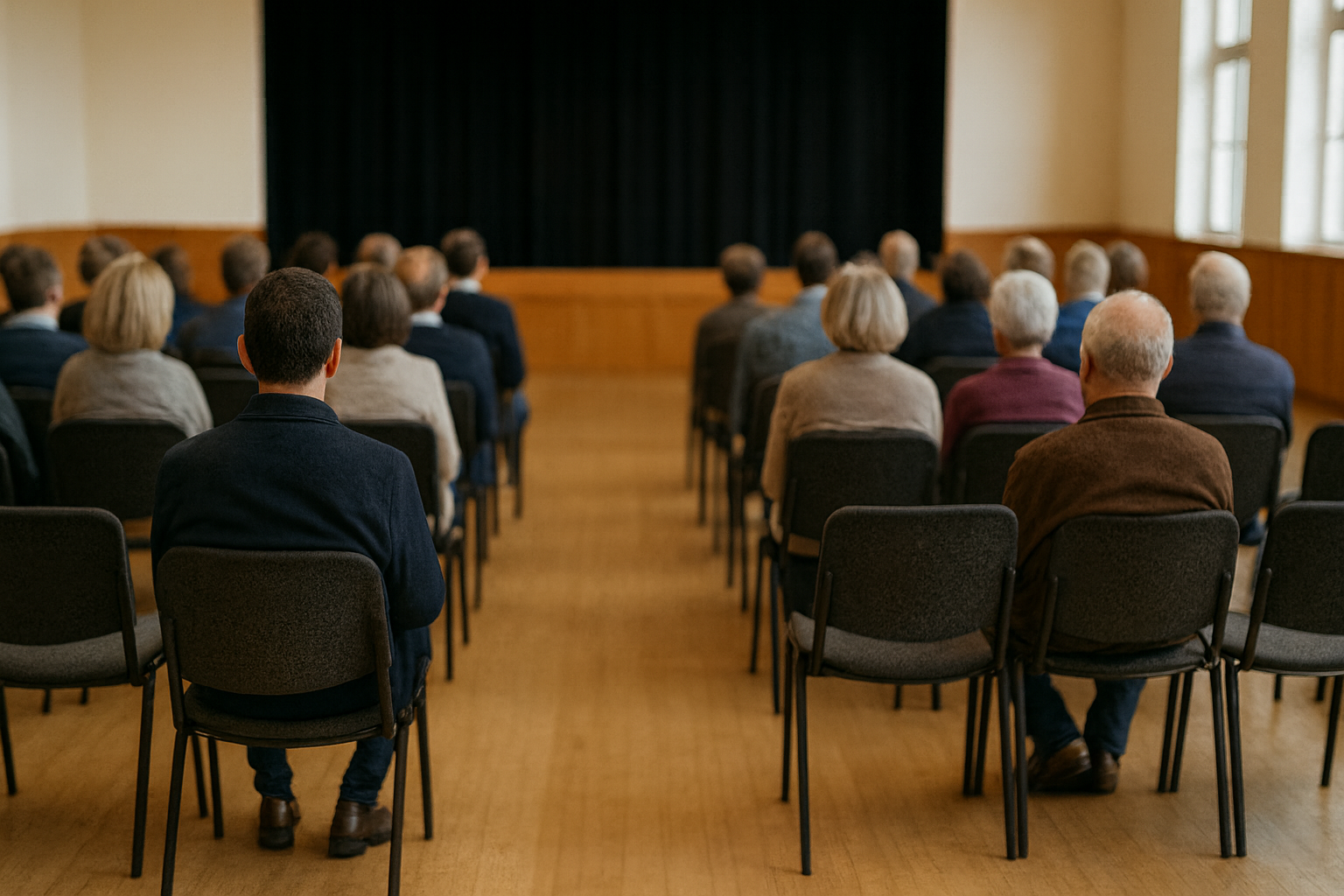 Stuhlreihen in einem Saal, die teilweise von Personen besetzt sind