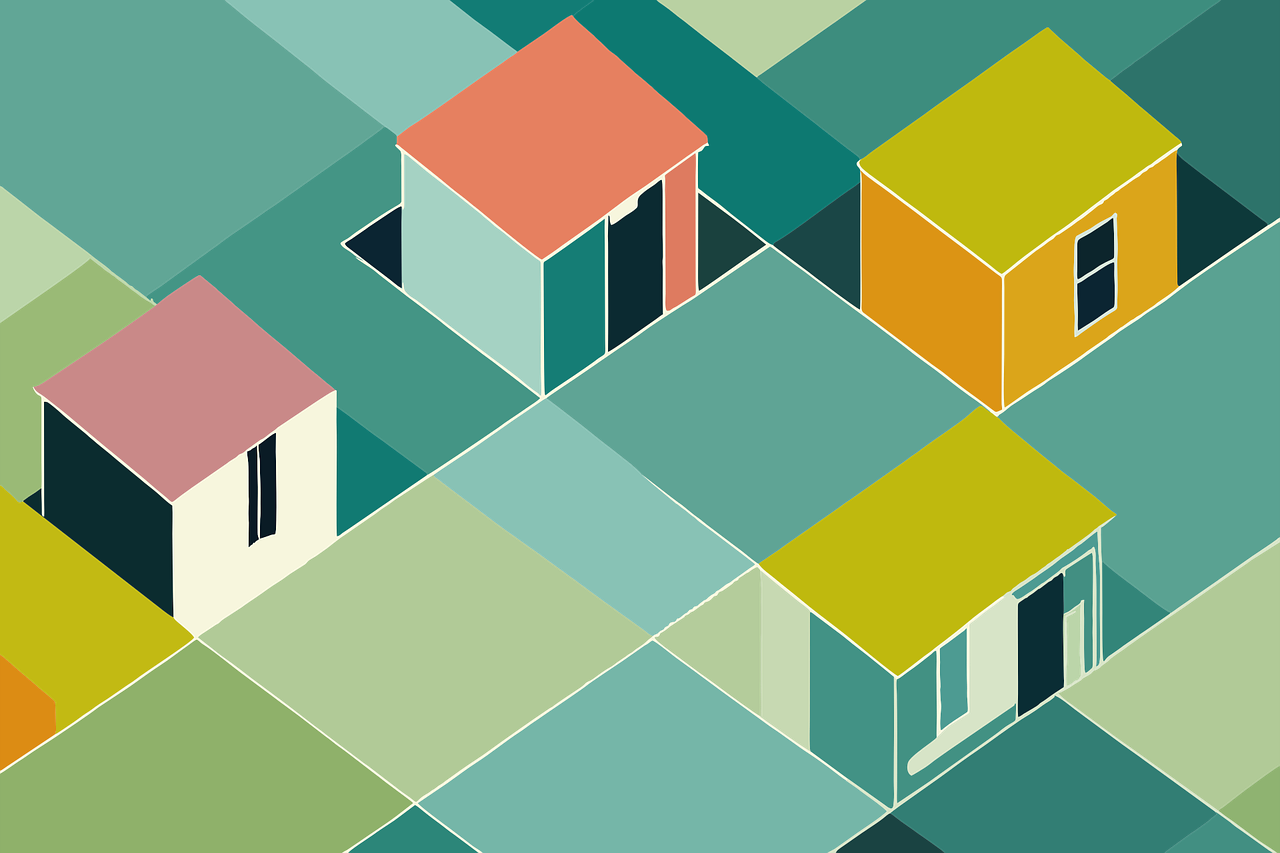 Grafische Zeichnung von Häusern auf einem farbigen, schachbrettartigen Untergrund