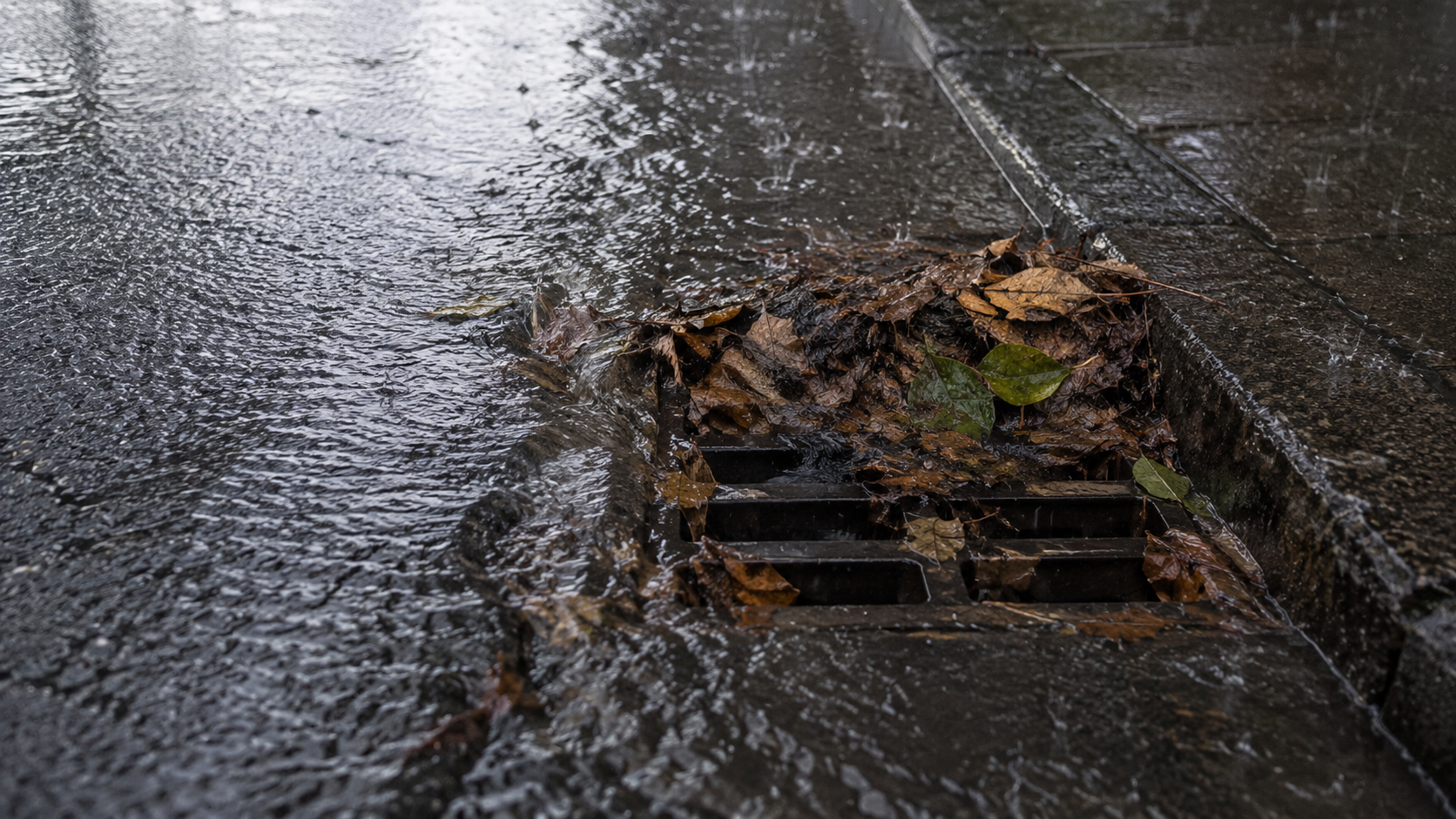Ein Straßeneinlauf, der mit Blättern verstopft ist, während es stark regnet