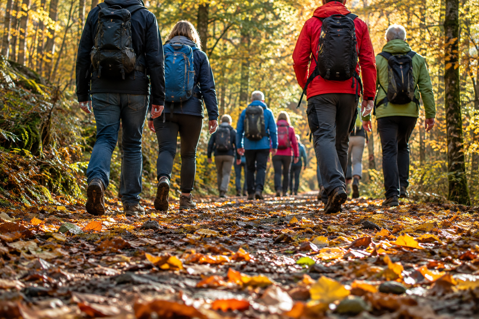 Man sieht eine Gruppe Wanderer von hinten, die auf einem herbstlichen Waldweg spazieren gehen