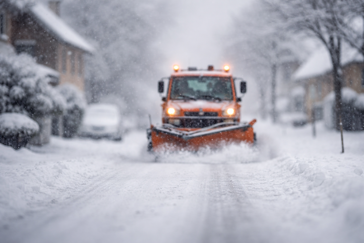 Auf einer winterlich verschneiten Straße kommt ein Schneepflug entgegen