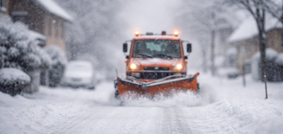 Auf einer winterlich verschneiten Straße kommt ein Schneepflug entgegen