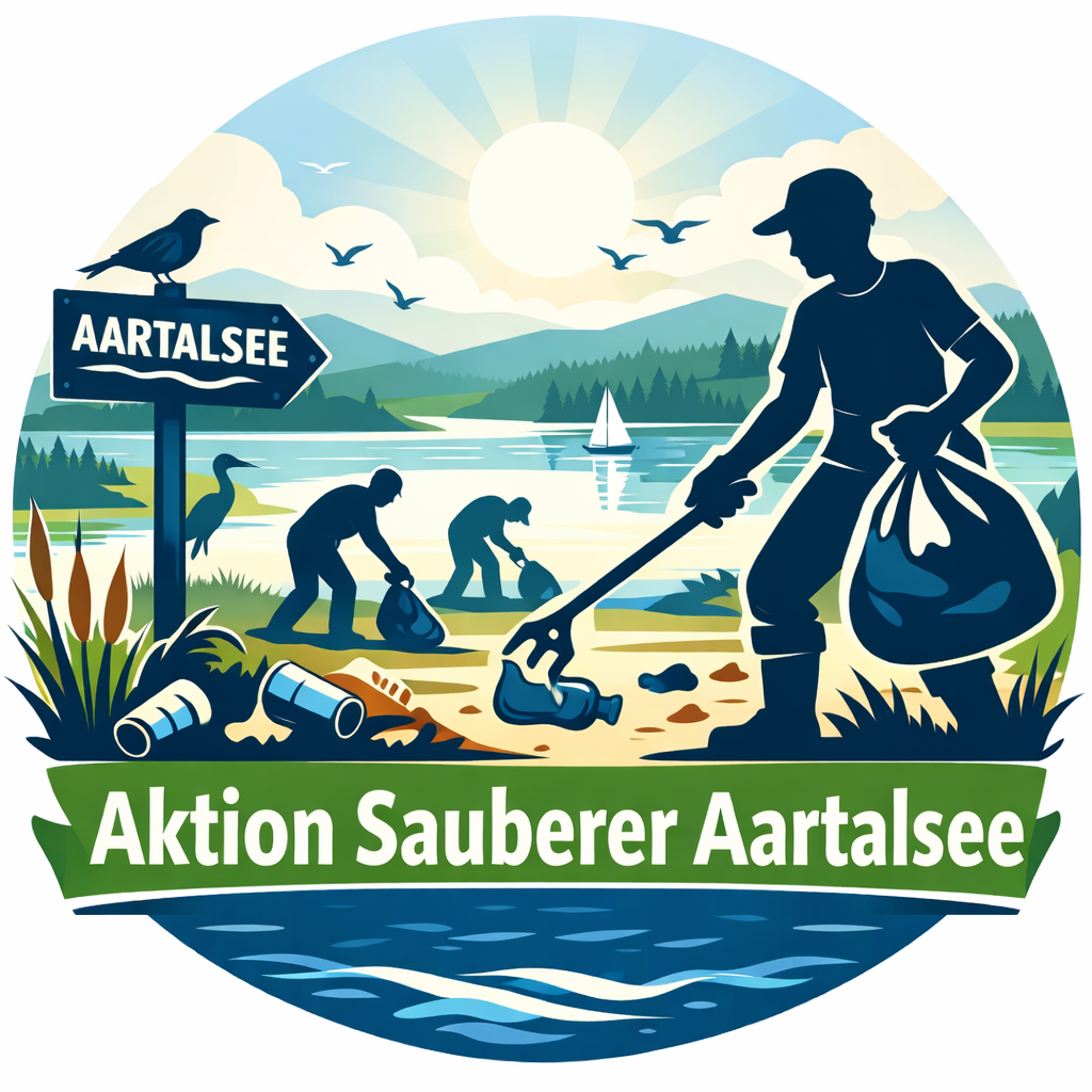 Aktion Sauberer Aartalsee Stilisiertes Bild von Müll sammelnden Personen an einem See
