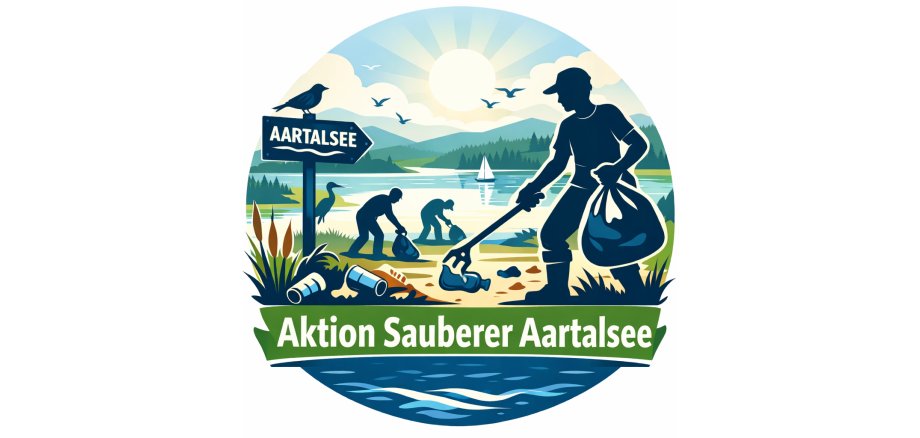 Stilisiertes Bild von Müll sammelnden Personen an einem See