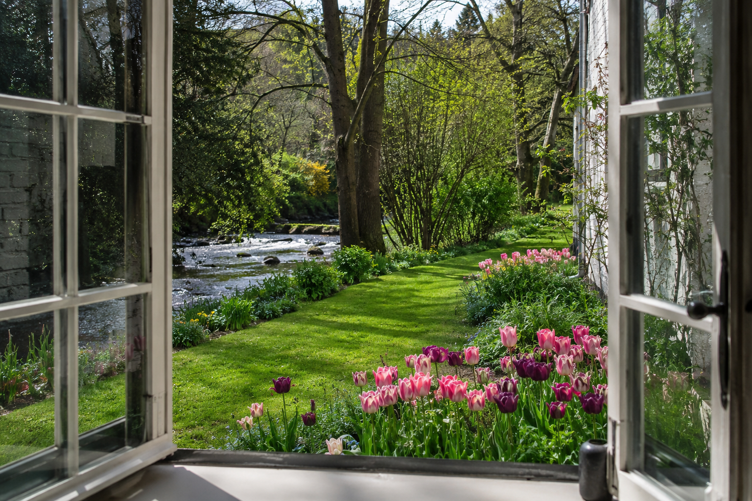Anlieger von Gewässern Blick aus einem Fenster in einen frühlingshaften Garten, der an einem Bachlauf liegt