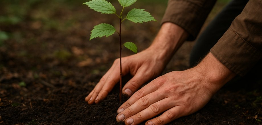 Baumpflanzaktion Hände die im Wald einen kleinen Baumsetzling im Boden festdrücken