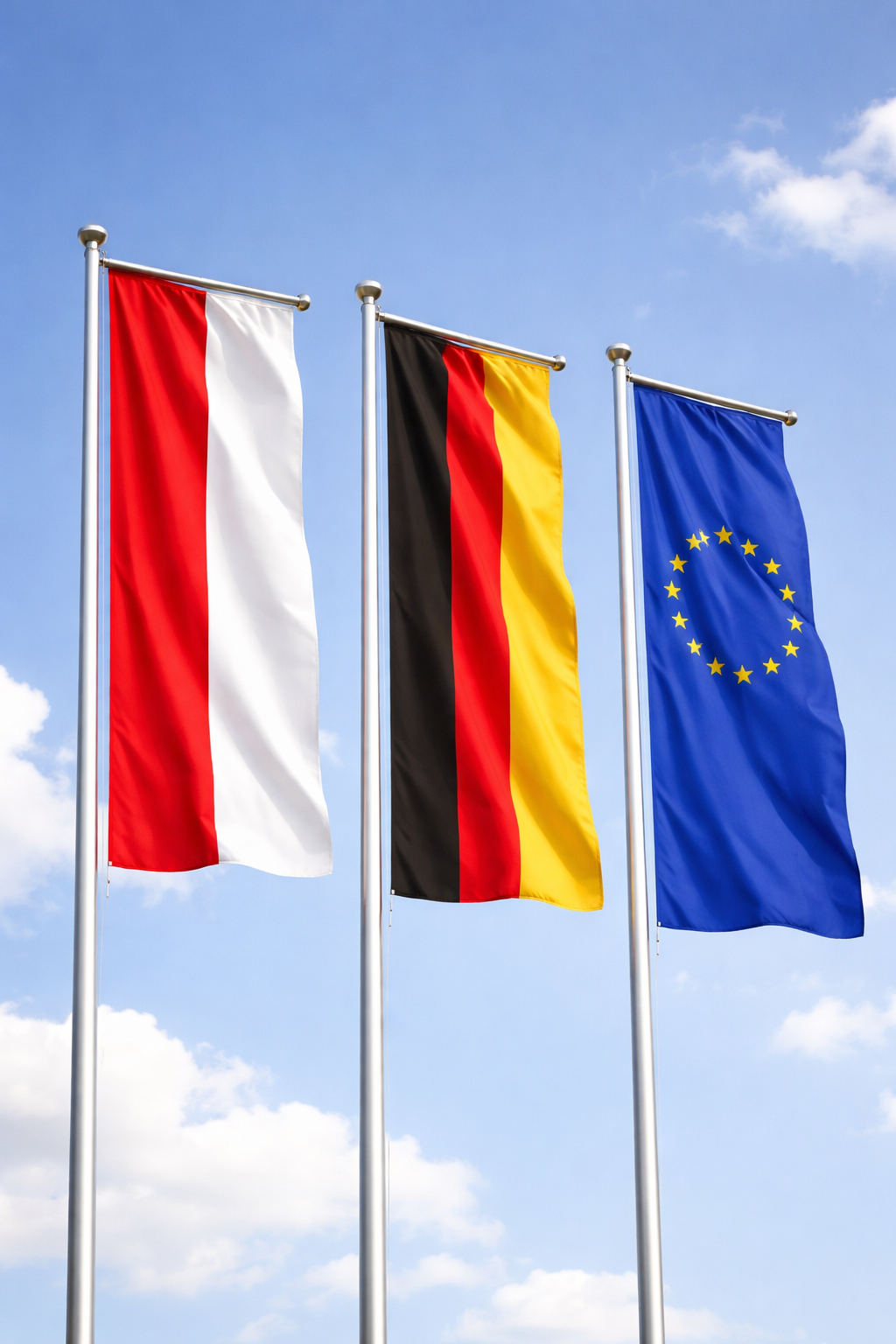 Beflaggung am Rathaus Hessische Landesflagge, Bundesflagge und Europaflagge die im Wind wehen