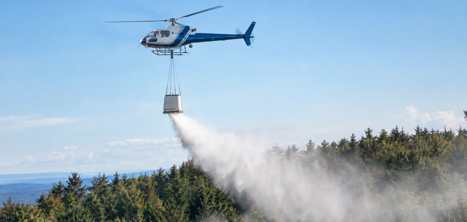 Ein Hubschrauber kalkt mit einer entsprechenden Vorrichtung ein Waldstück
