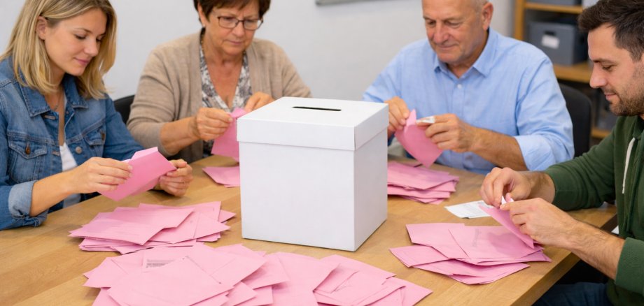 Vier Personen sitzen an einem Tisch. In der Mitte steht eine Wahlurne. Die Personen öffnen gerade die rosafarbenen, Wahlbriefumschläge der Briefwahl.