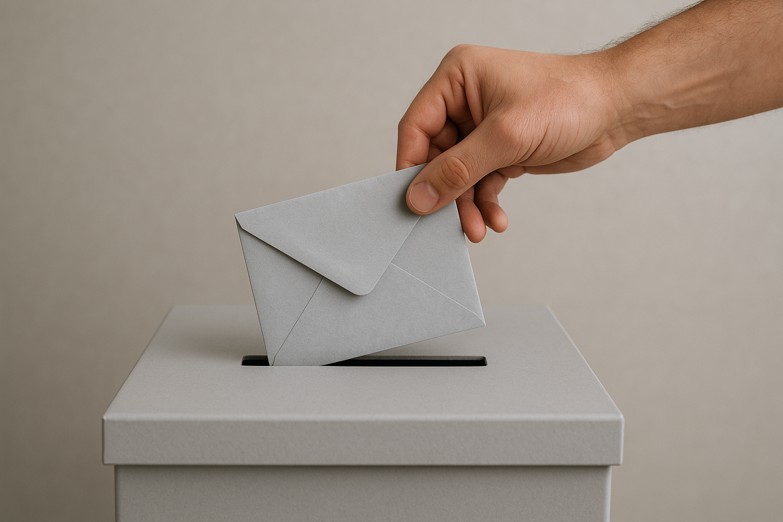 Ein grauer Wahlbriefumschlag wird in eine Wahlurne eingeworfen