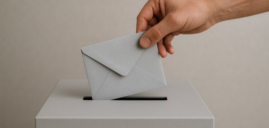 Ein grauer Wahlbriefumschlag wird in eine Wahlurne eingeworfen