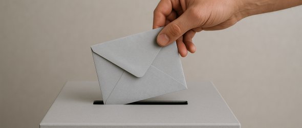 Wahlen Ein grauer Wahlbriefumschlag wird in eine Urne eingeworfen