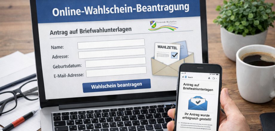 Ein Laptop auf dessen Bildschirm der Antrag für die Briefwahlunterlagen angezeigt wird