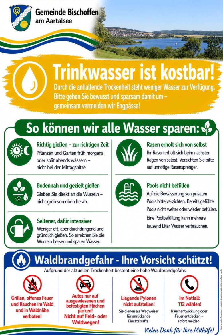 Flyer Trinkwasser sparen mit Tipps zur Vermeidung von Wasserknappheit und Waldbränden
