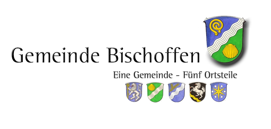 Schriftzug Gemeinde Bischoffen mit dem Untertitel Eine Gemeinde Fünf Ortsteile und Ortsteilwappen