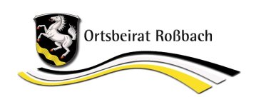Wappen Ortsteil Roßbach mit dreifarbiger Welle darunter und Schriftzug Ortsbeirat Roßbach